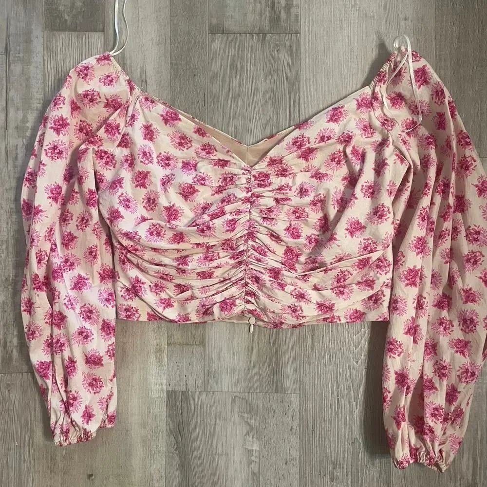 Zara Pink Floral Off The Shoulder Bardot Top Size Large - Picture 11 of 13